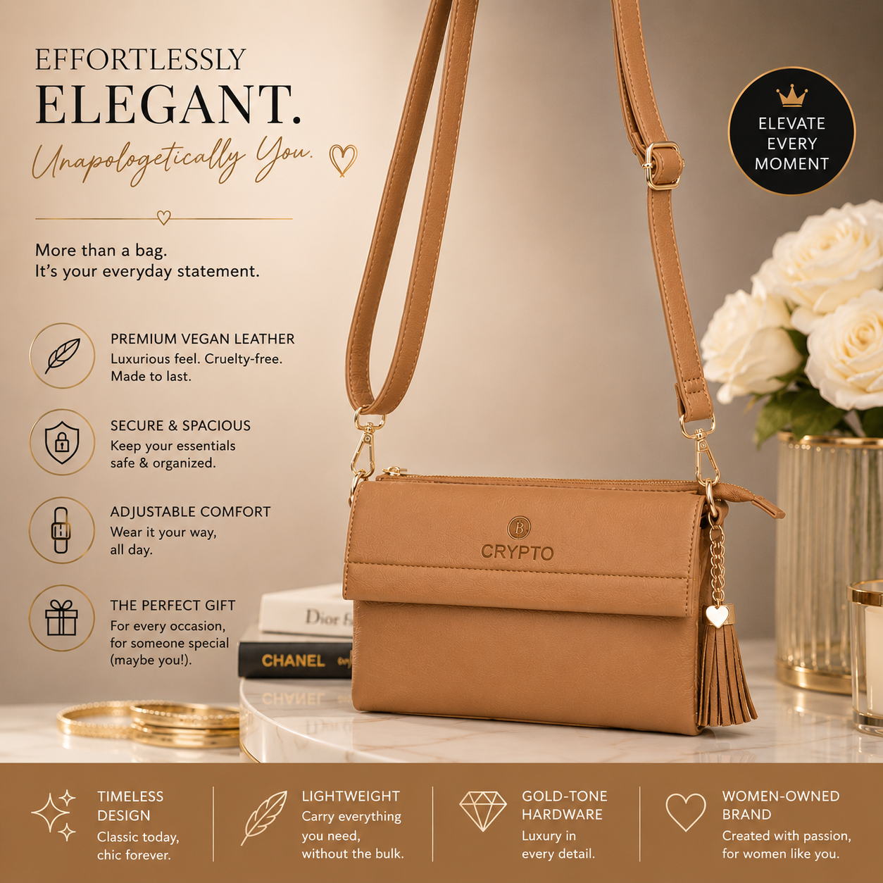 CRYPTO Women's Brown Premium Vegan Leather Sling Bag