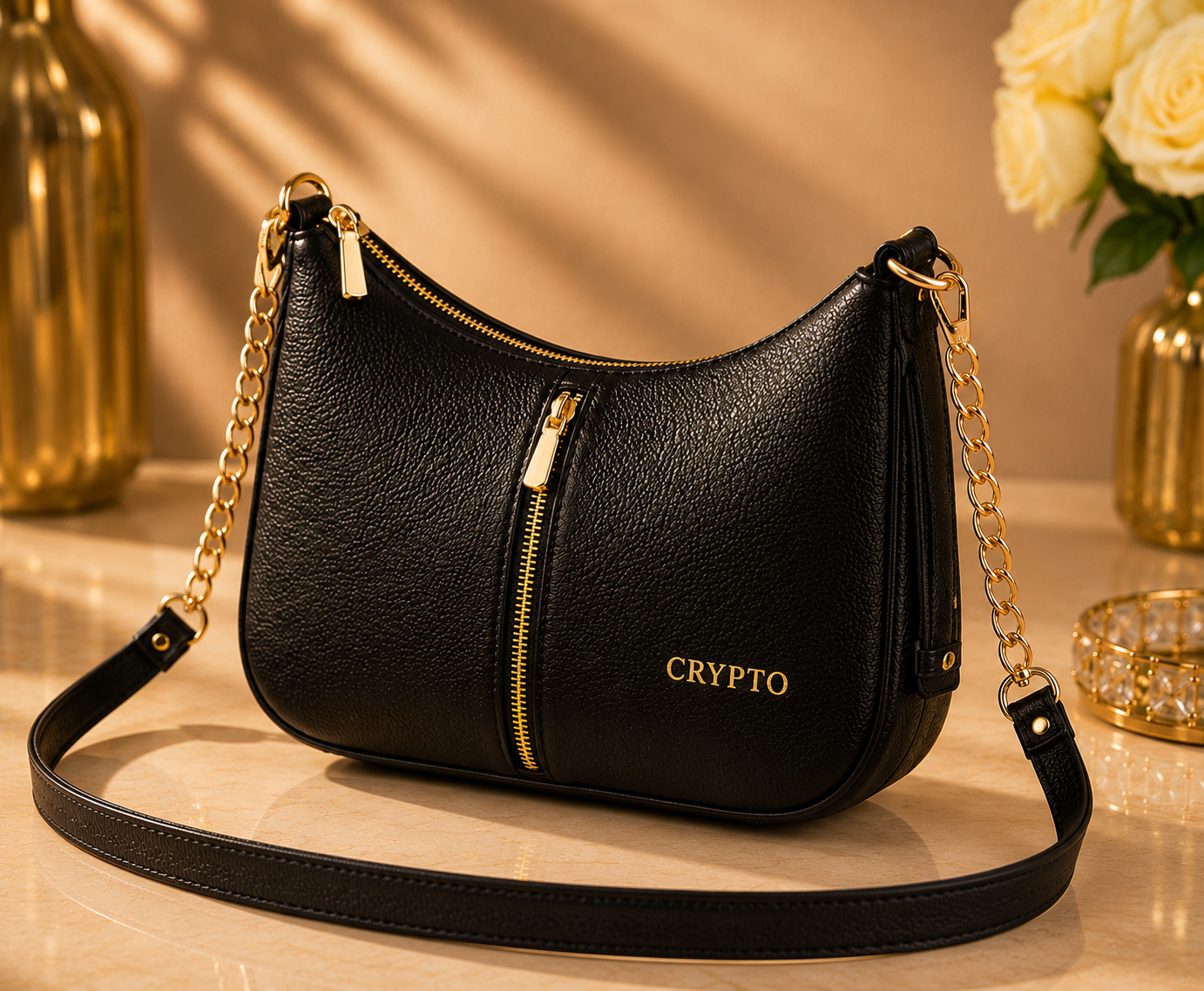Black Women Sling Bag CRYPTO Premium Vegan Leather Shoulder Bag with Gold Chain Strap