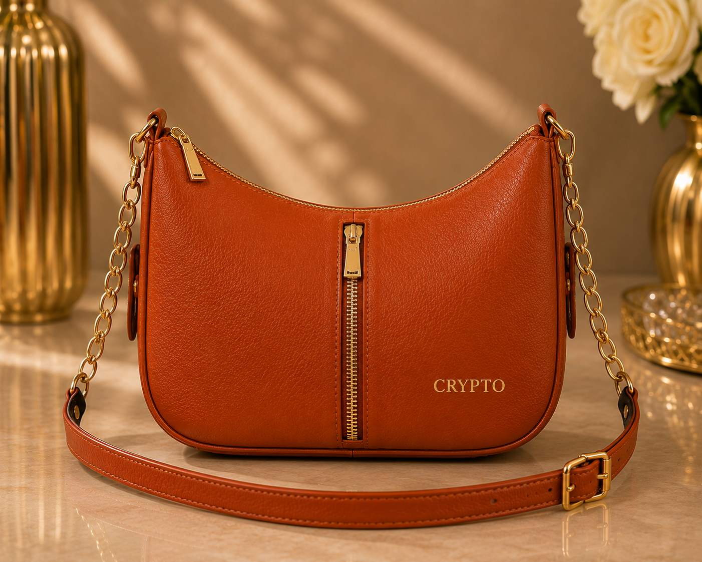 Tan Women Sling Bag CRYPTO Premium Vegan Leather Shoulder Bag with Gold Chain Strap
