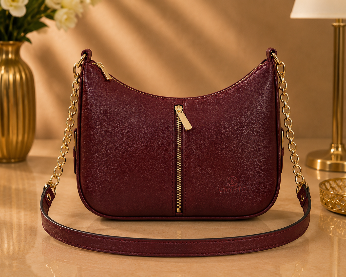Maroon Women Sling Bag CRYPTO Premium Vegan Leather Shoulder Bag with Gold Chain Strap