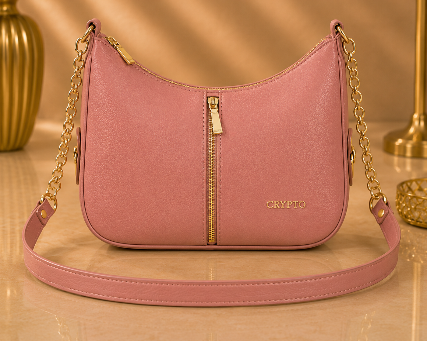 Pink Women Sling Bag CRYPTO Premium Vegan Leather Shoulder Bag with Gold Chain Strap
