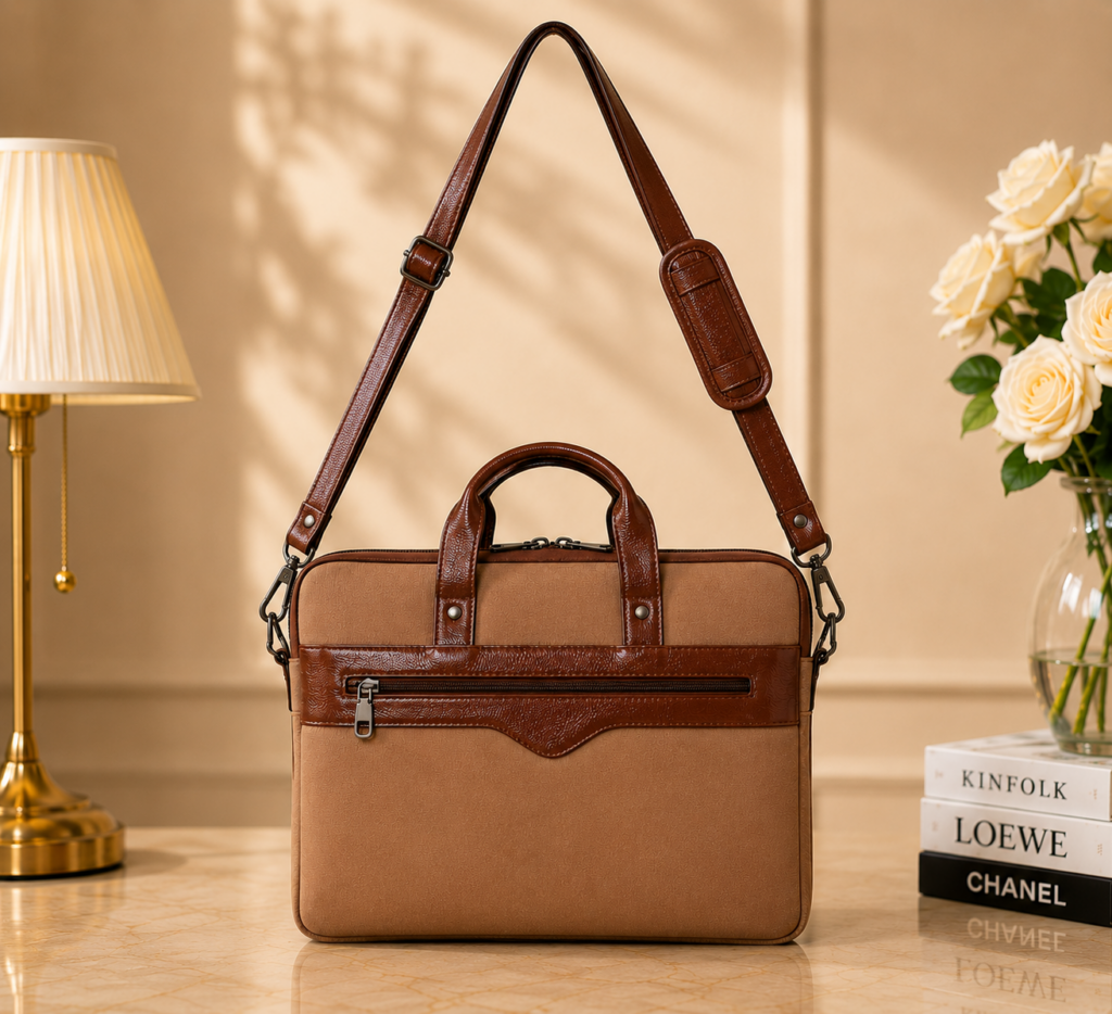 Canvas Messenger Bag for Men with Leather Details & Strap Messenger Bag (Tan, Brown, 7.5 L)